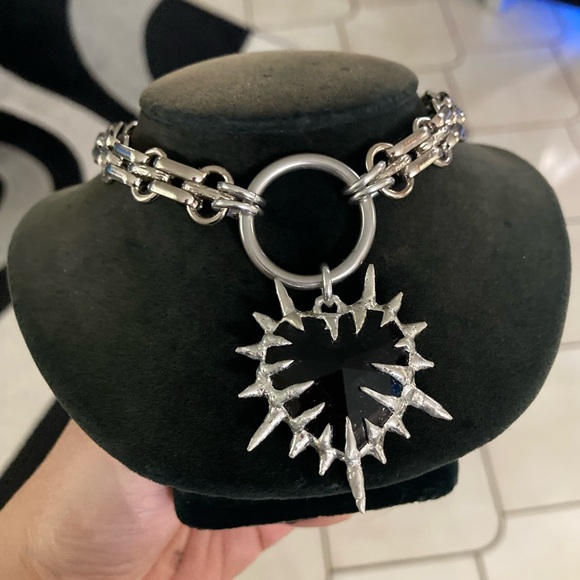 Thick Black onyx stone spike st valentine gothic heart stainless steel choker - Picture 3 of 10